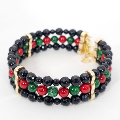 Black Onyx Faceted 6mm Triple-Strand Bracelet- Gold