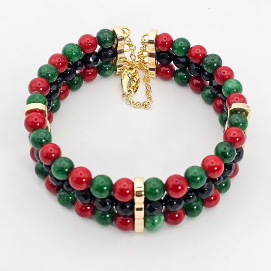 Black Onyx Faceted 6mm Triple-Strand Bracelet v2- Gold