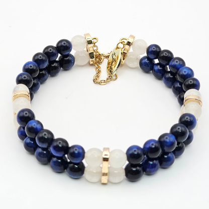 Blue Tiger’s Eye & White Jade 6mm Double Strand Bracelet - Gold