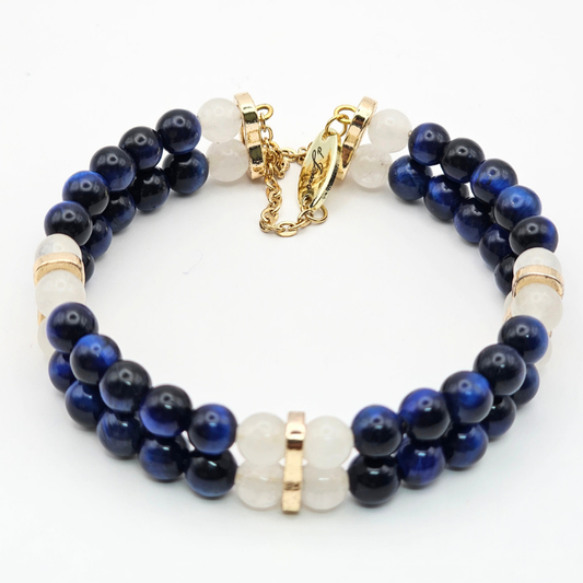 Blue Tiger’s Eye & White Jade 6mm Double Strand Bracelet - Gold