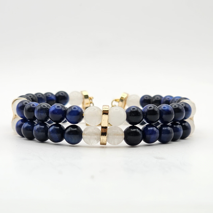 Blue Tiger’s Eye & White Jade 6mm Double Strand Bracelet - Gold
