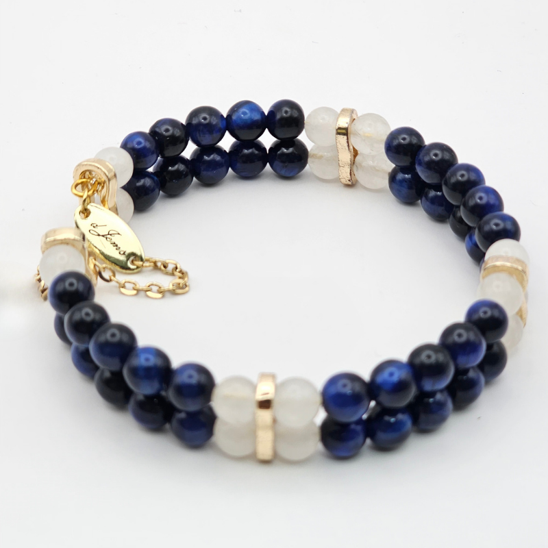 Blue Tiger’s Eye & White Jade 6mm Double Strand Bracelet - Gold
