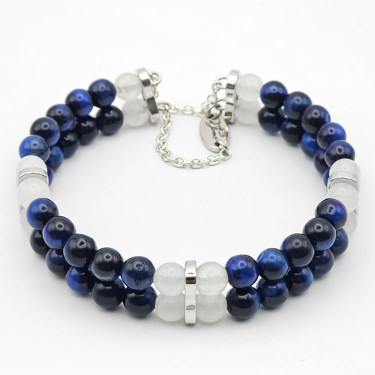 Blue Tiger’s Eye & White Jade 6mm Double Strand Bracelet - Silver