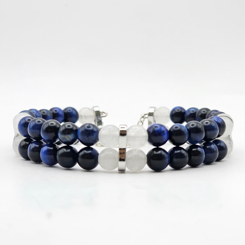 Blue Tiger’s Eye & White Jade 6mm Double Strand Bracelet - Silver