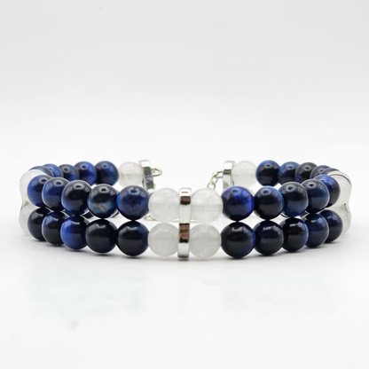 Blue Tiger’s Eye & White Jade 6mm Double Strand Bracelet - Silver