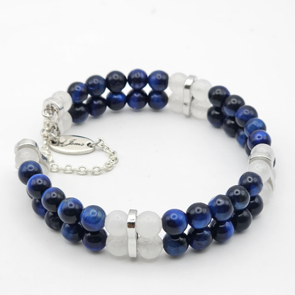Blue Tiger’s Eye & White Jade 6mm Double Strand Bracelet - Silver