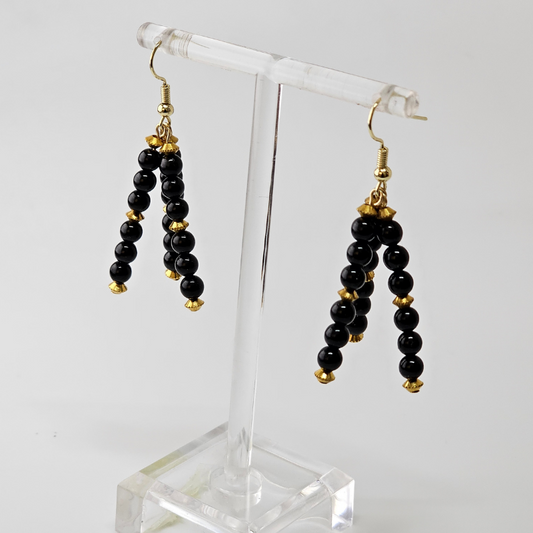 Black Tourmaline Triple Strand Dangle- Gold