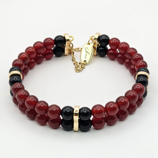 Carnelian & Black Onyx 6mm Double-Strand Bracelet- Gold