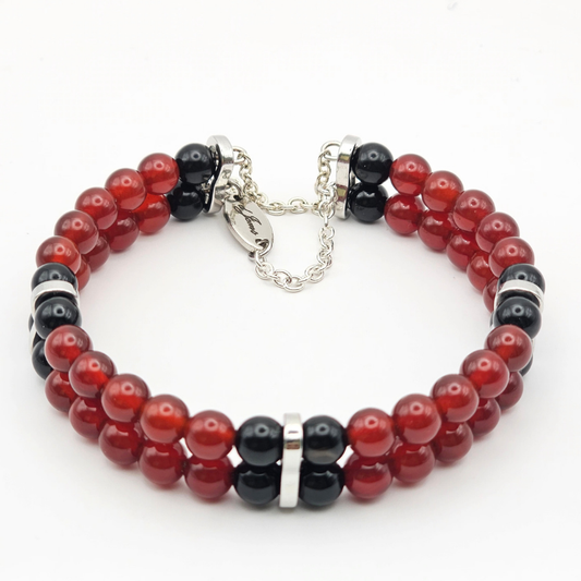 Carnelian & Black Onyx 6mm Double-Strand Bracelet- Silver