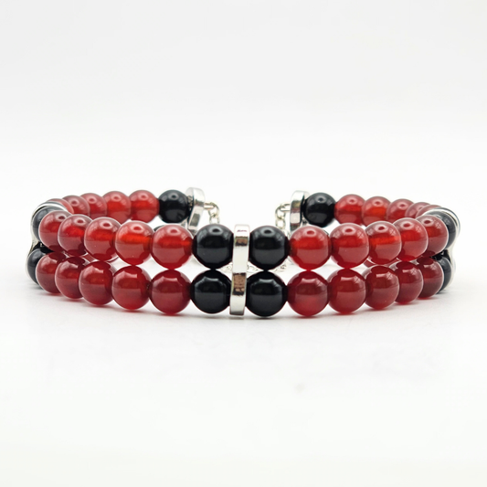 Carnelian & Black Onyx 6mm Double-Strand Bracelet- Silver