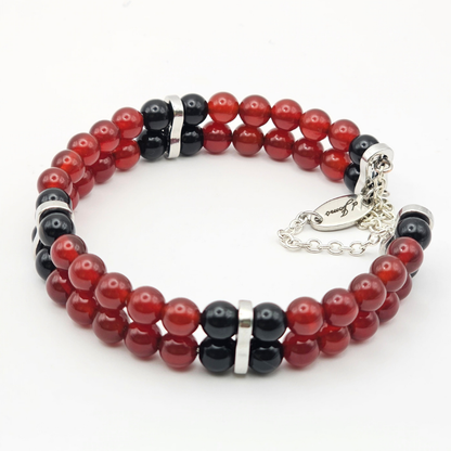 Carnelian & Black Onyx 6mm Double-Strand Bracelet- Silver