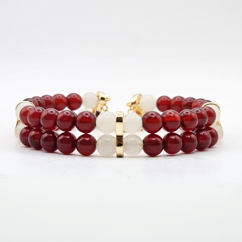 Carnelian & White Jade 6mm Double Strand Bracelet- Gold