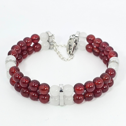 Carnelian & White Jade 6mm Double Strand Bracelet- Silver