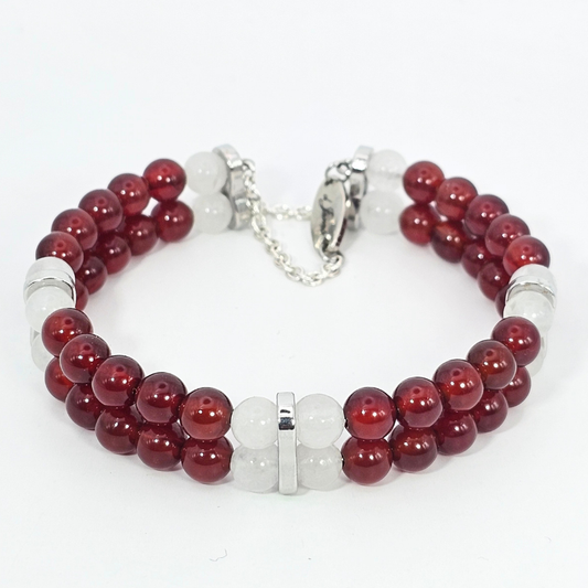 Carnelian & White Jade 6mm Double Strand Bracelet- Silver