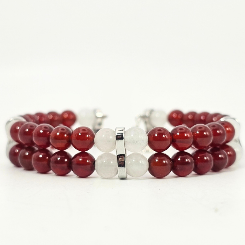 Carnelian & White Jade 6mm Double Strand Bracelet- Silver