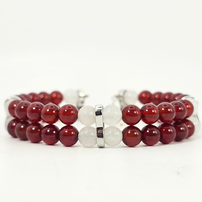 Carnelian & White Jade 6mm Double Strand Bracelet- Silver