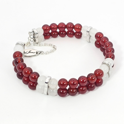 Carnelian & White Jade 6mm Double Strand Bracelet- Silver