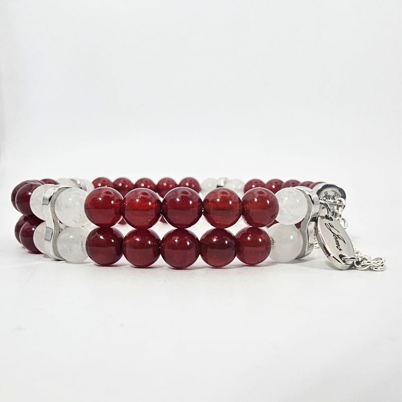 Carnelian & White Jade 6mm Double Strand Bracelet- Silver