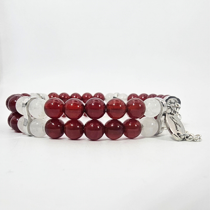 Carnelian & White Jade 6mm Double Strand Bracelet- Silver