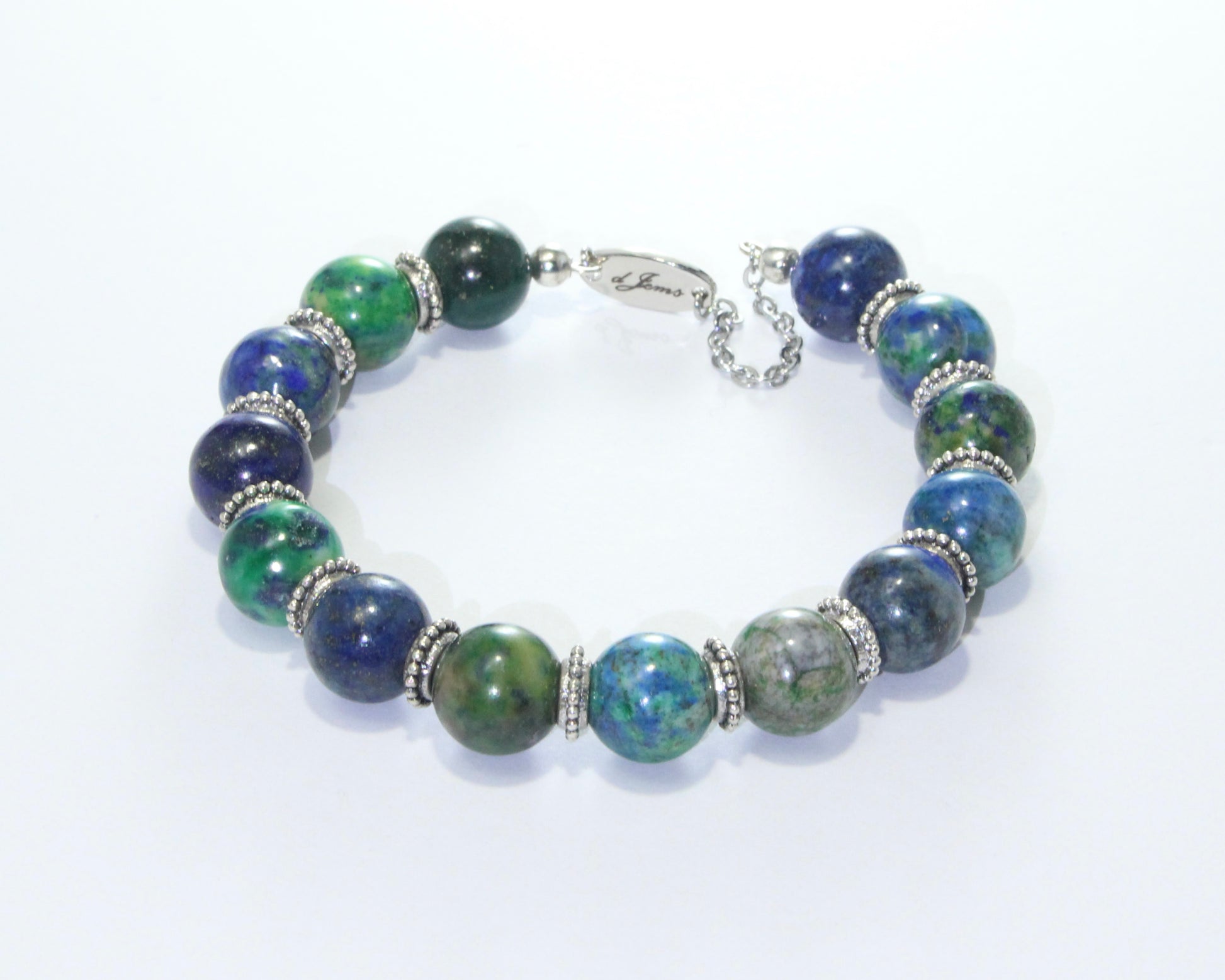 Handmade Azurite Bracelet with 10mm deep blue azurite beads and silver-tone spacers on plated stainless steel memory wire.