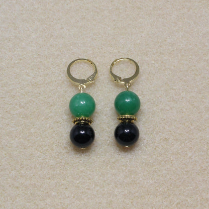 Pair of Tourmaline & Aventurine Drop Earrings showcasing 10mm black and green stones with lever-back closures, highlighting the unique patterns of the gemstones.