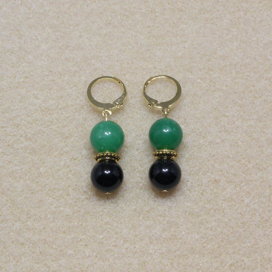 Pair of Tourmaline & Aventurine Drop Earrings showcasing 10mm black and green stones with lever-back closures, highlighting the unique patterns of the gemstones.