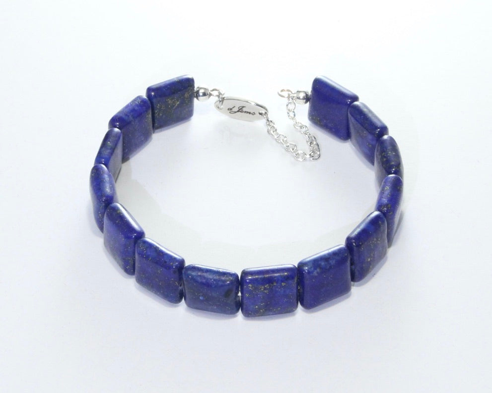 Handmade Lapis Lazuli Square Bracelet featuring deep blue lapis lazuli stones with gold-tone accents.