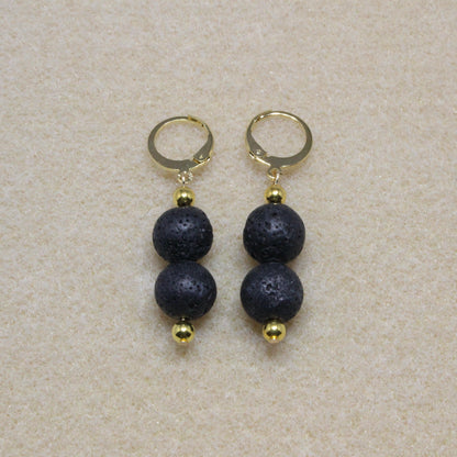 Black Lava Rock Drop Earrings featuring natural porous stones with lever-back closures, ideal for diffusing essential oils.
