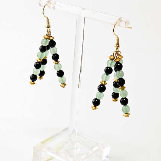 Green Aventurine-Black Tourmaline Triple Strand Dangle- Gold