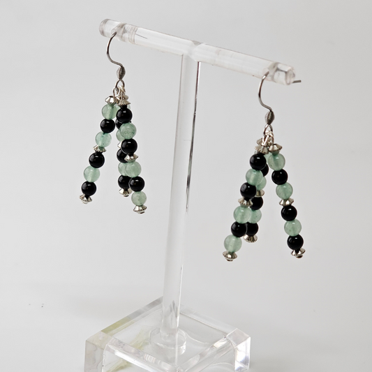 Green Aventurine-Black Tourmaline Triple Strand Dangle- Silver