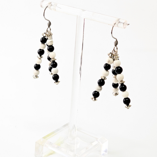 Howlite-Black Onyx Triple Strand Dangle- Silver