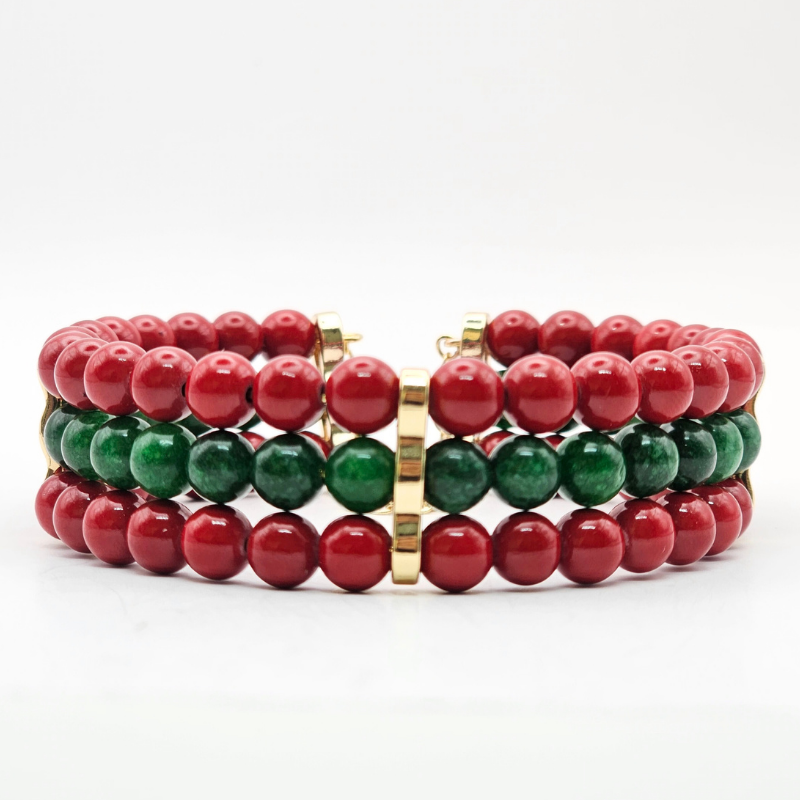 Red Cinnabar & Emerald 6mm Triple-Strand Bracelet- Gold