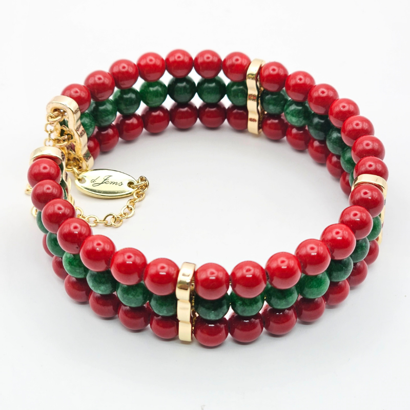 Red Cinnabar & Emerald 6mm Triple-Strand Bracelet- Gold