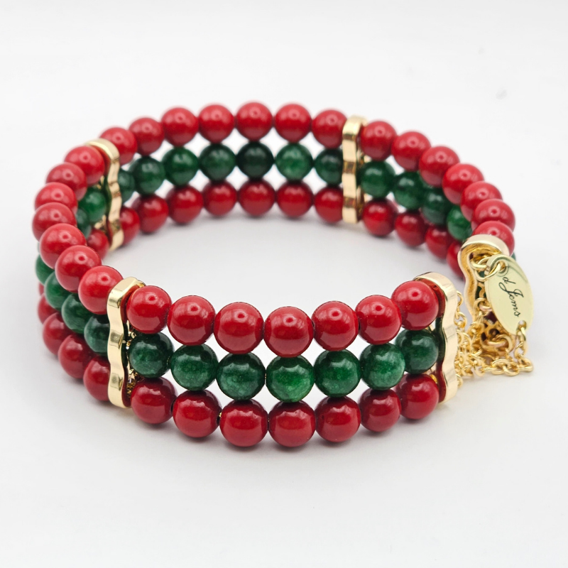 Red Cinnabar & Emerald 6mm Triple-Strand Bracelet- Gold