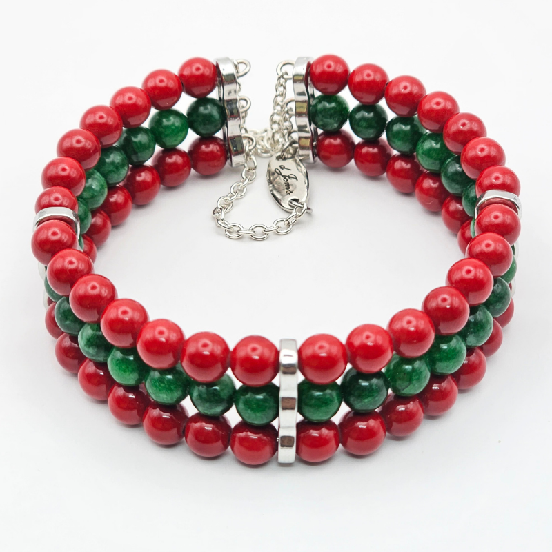 Red Cinnabar & Emerald 6mm Triple-Strand Bracelet- Silver