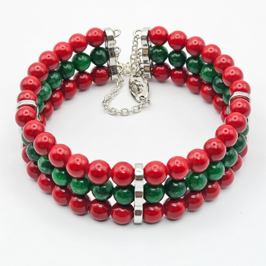 Red Cinnabar & Emerald 6mm Triple-Strand Bracelet- Silver