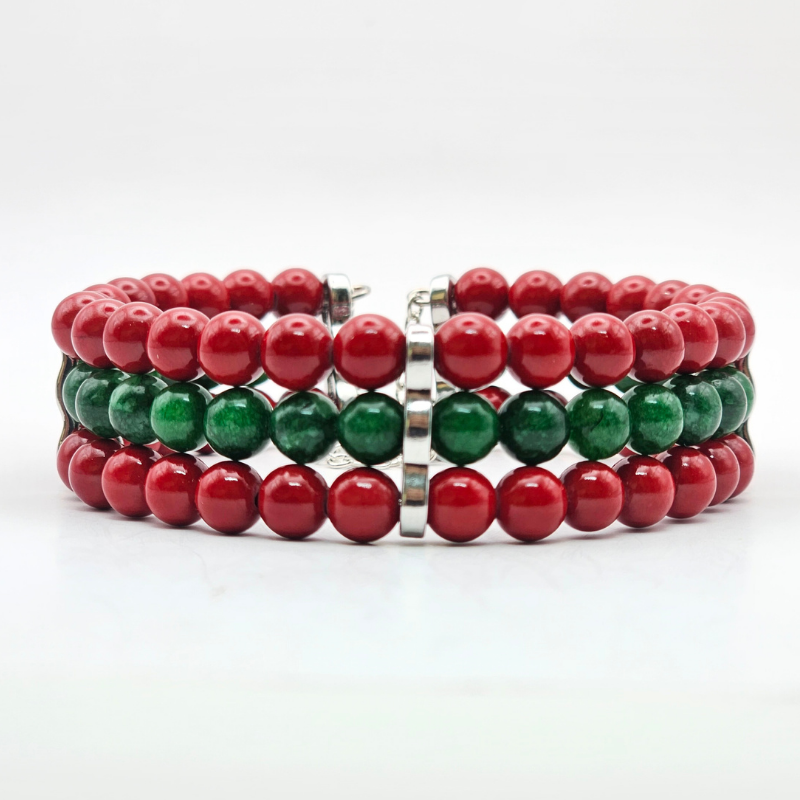 Red Cinnabar & Emerald 6mm Triple-Strand Bracelet- Silver