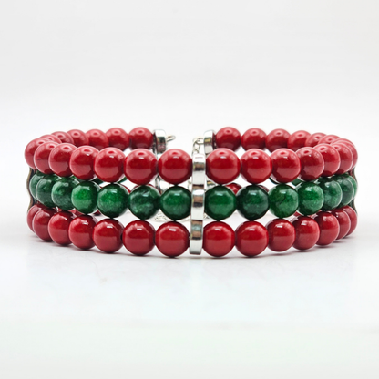 Red Cinnabar & Emerald 6mm Triple-Strand Bracelet- Silver