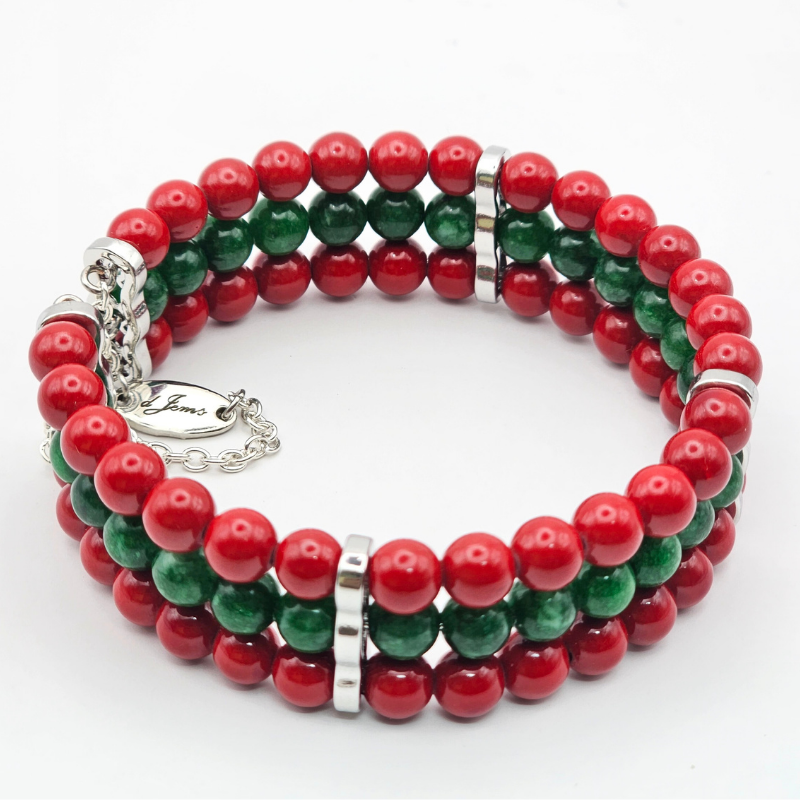 Red Cinnabar & Emerald 6mm Triple-Strand Bracelet- Silver