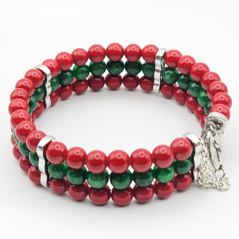 Red Cinnabar & Emerald 6mm Triple-Strand Bracelet- Silver