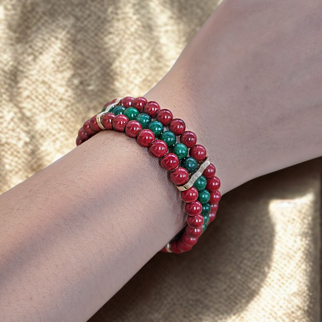 Red Cinnabar & Emerald 6mm Triple-Strand Bracelet- Gold
