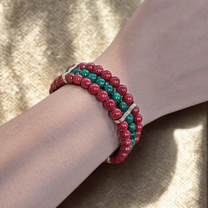 Red Cinnabar & Emerald 6mm Triple-Strand Bracelet- Gold