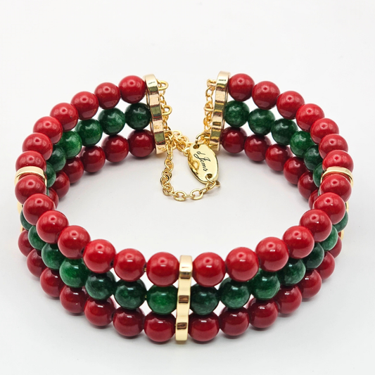 Red Cinnabar & Emerald 6mm Triple-Strand Bracelet- Gold