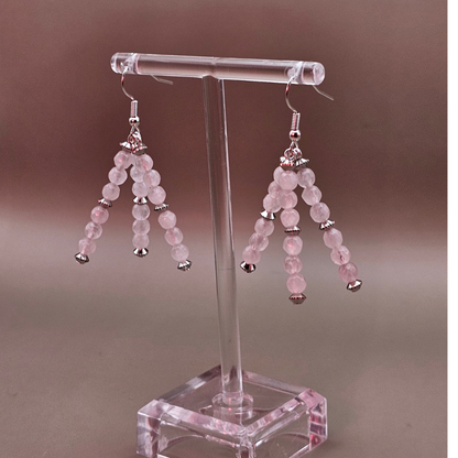dJems faceted rose quartz 3-strand drop earrings with 4mm sparkling pink gemstone beads.