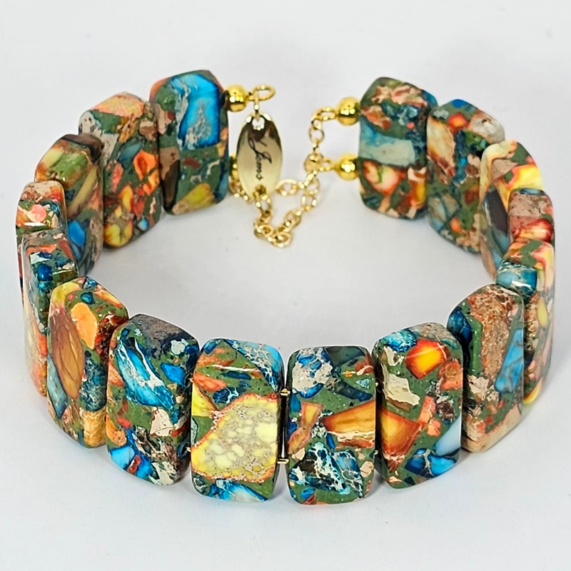 Sky Blue Imperial Jasper Bangle Bracelet- Gold