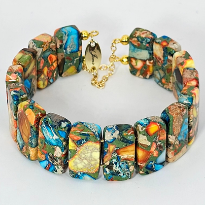 Sky Blue Imperial Jasper Bangle Bracelet- Gold