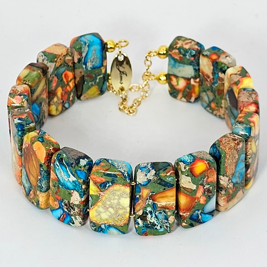 Sky Blue Imperial Jasper Bangle Bracelet- Gold