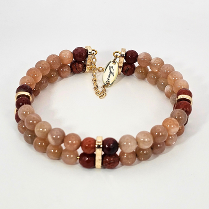 Sunstone & Red Jasper Agate 6mm double Strand Bracelet- Gold