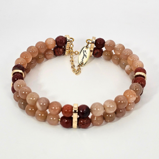 Sunstone & Red Jasper Agate 6mm double Strand Bracelet- Gold