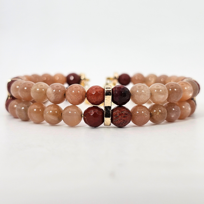 Sunstone & Red Jasper Agate 6mm double Strand Bracelet- Gold